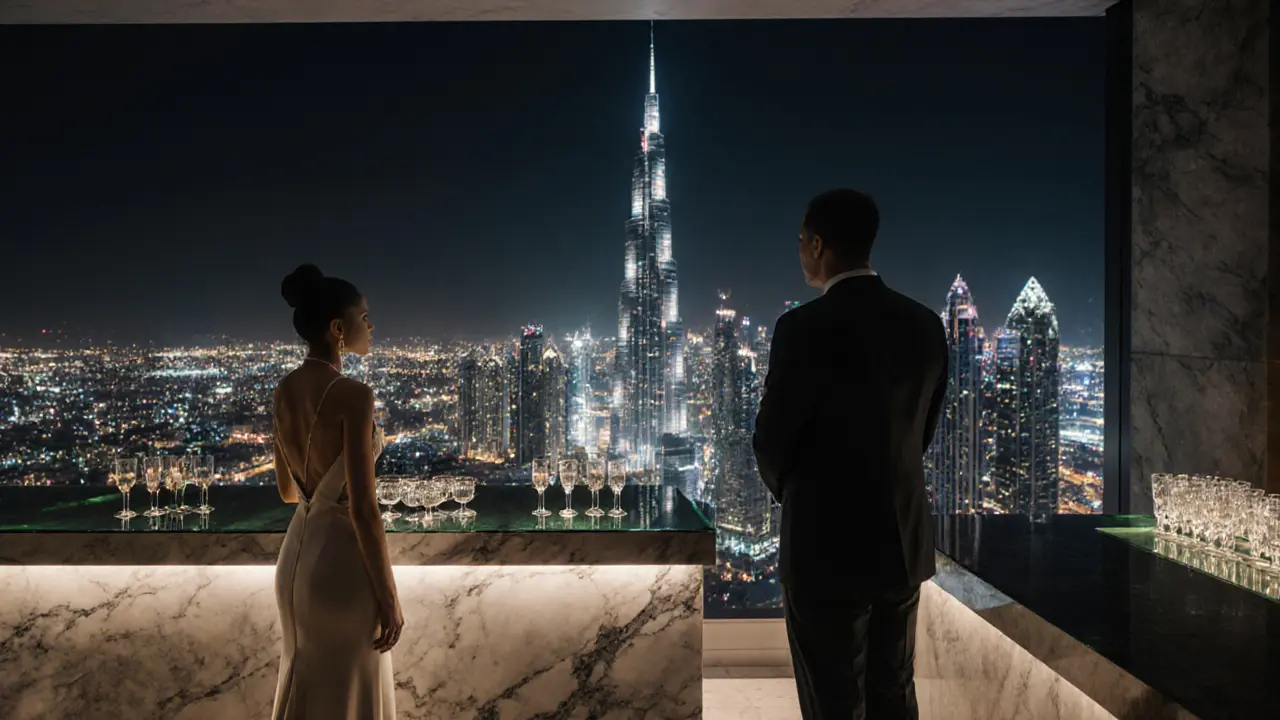 A couple on a luxury rooftop lounge overlooking Dubai’s glittering skyline at night.