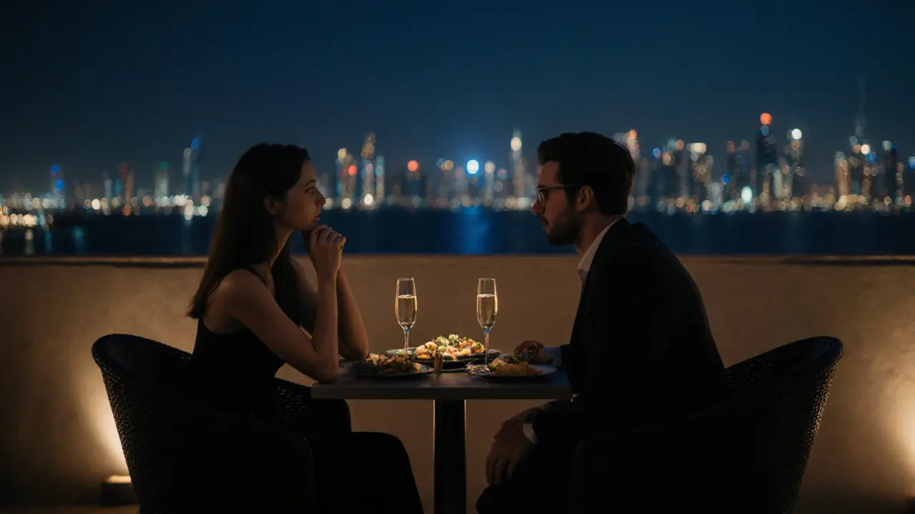 A couple shares a quiet moment at a rooftop bar in Dubai, city lights glowing behind them, calm and refined.