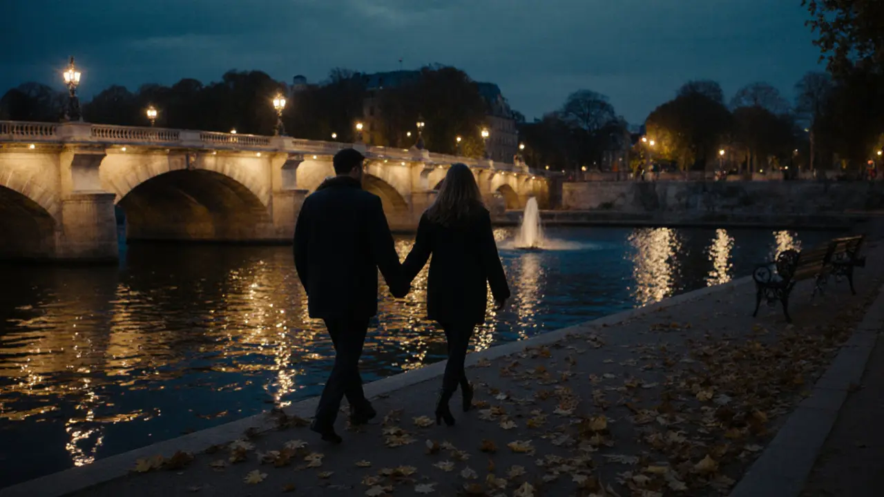 A couple walks along the Seine at dusk, the golden bridge reflecting on the water as leaves fall around them.