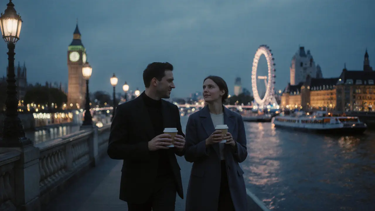 A couple walks peacefully along the Thames at dusk, enjoying quiet companionship.