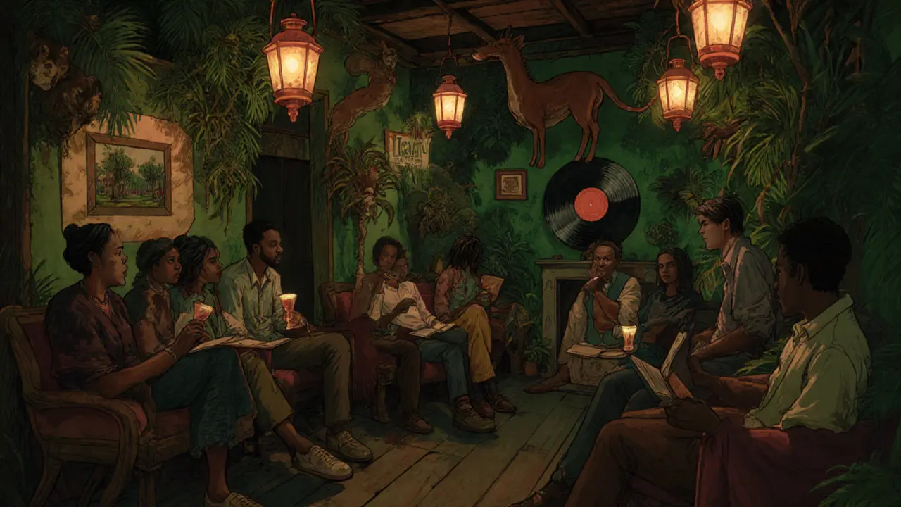 A cozy, jungle-like interior with plants, vintage furniture, and people listening to live African jazz.