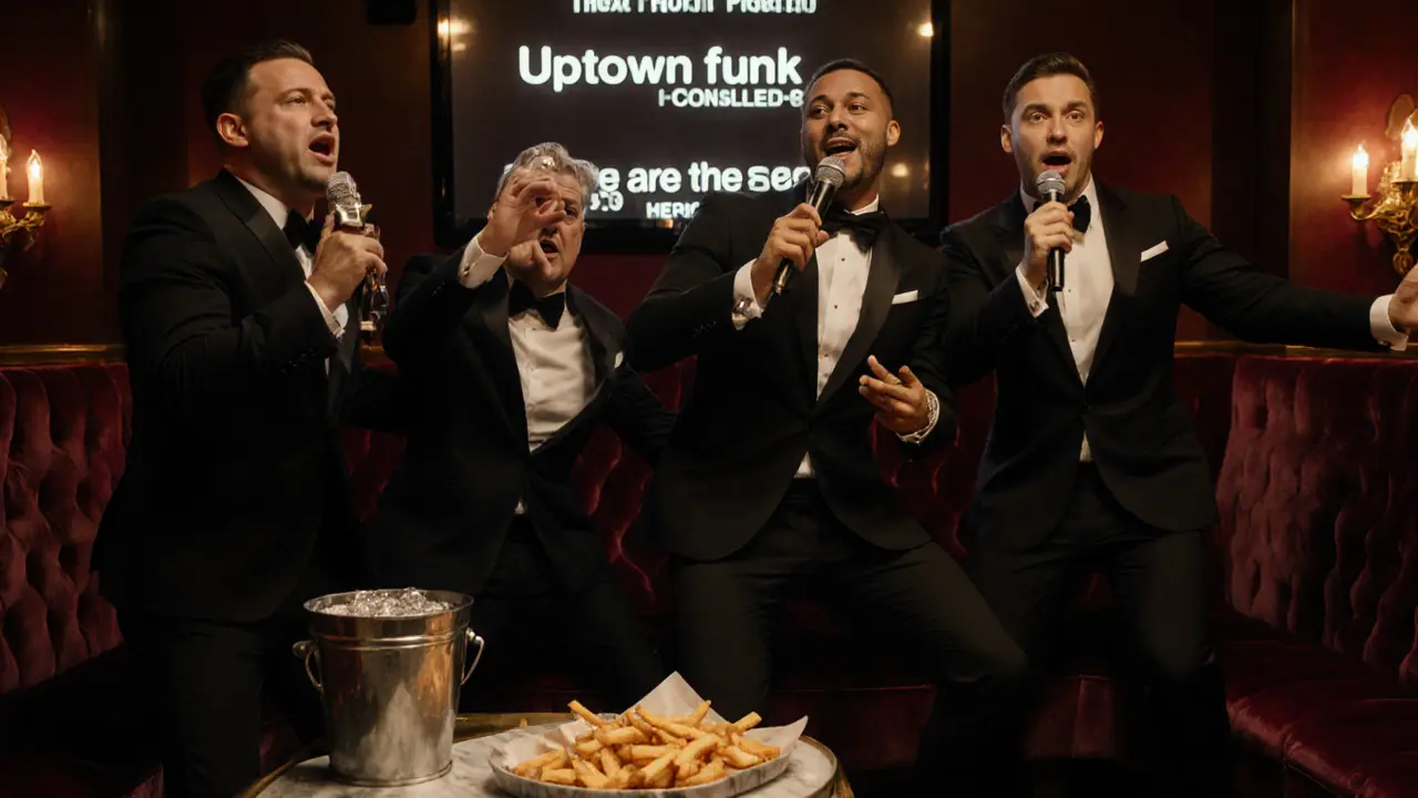 A group of men in tuxedos dancing and singing in a luxurious Shoreditch karaoke suite with champagne and a recording camera.