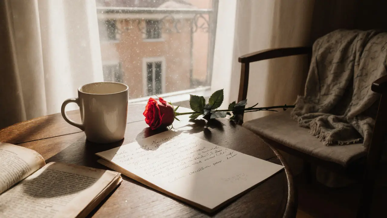 A handwritten note and espresso cup left behind, symbolizing a meaningful, unspoken connection.