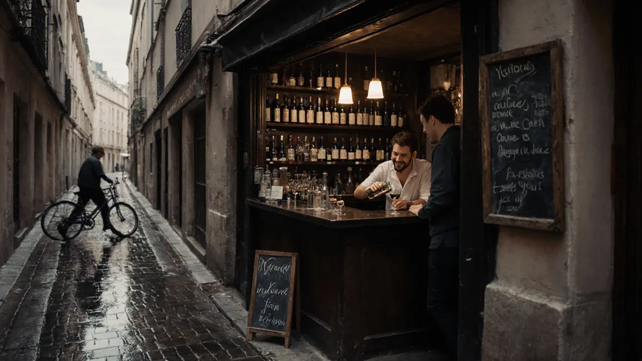A hidden Parisian wine bar with a single lamp, bartender pouring wine, and unlabeled bottles on shelves.