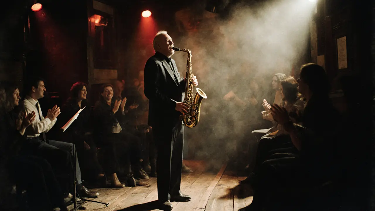 A jazz musician playing saxophone in a smoky Parisian club, the audience lost in silent awe.