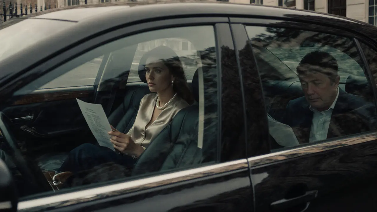 A luxury car driving through misty Belgravia, windows tinted for privacy.