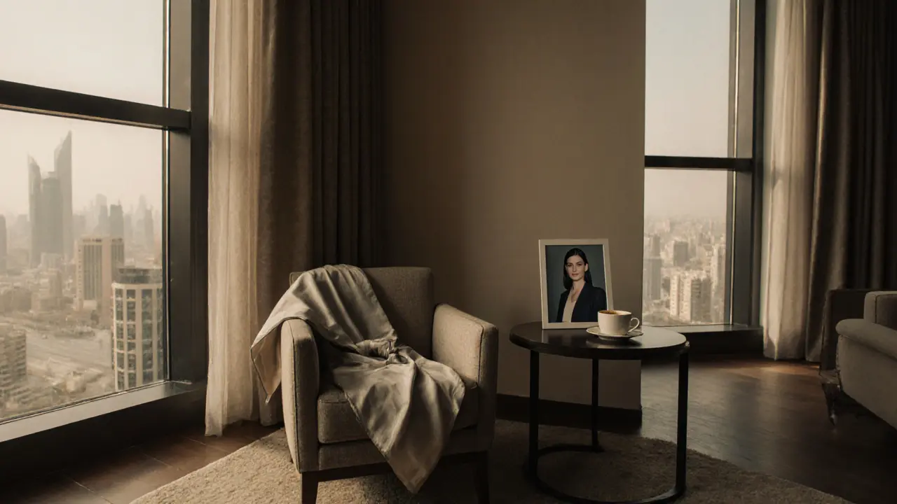 A luxury hotel suite with a coffee cup and silk scarf, hinting at a discreet companionship, soft morning light.