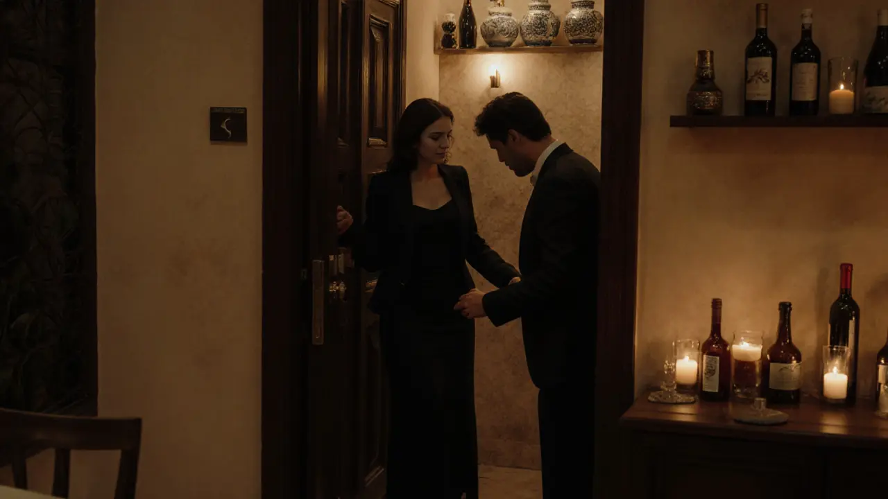 A man and woman entering a hidden Lebanese restaurant in Dubai, warmly lit and discreetly elegant.