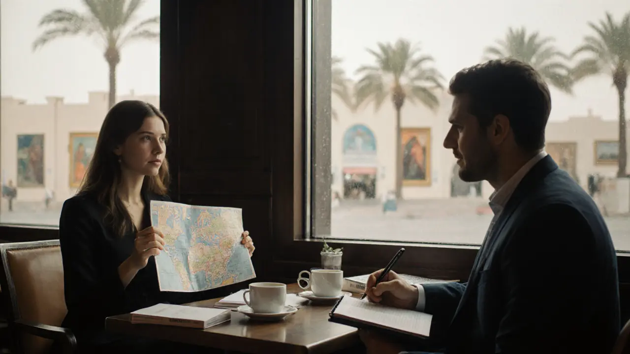 A man and woman meeting at a café in Al Maryah Island, sharing books and coffee, no physical contact, peaceful atmosphere.