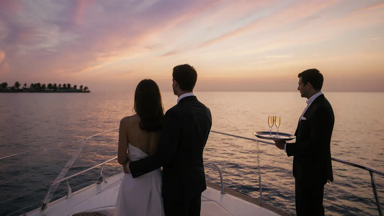 A man and woman on a private yacht at sunset, gazing at the horizon with elegant simplicity.