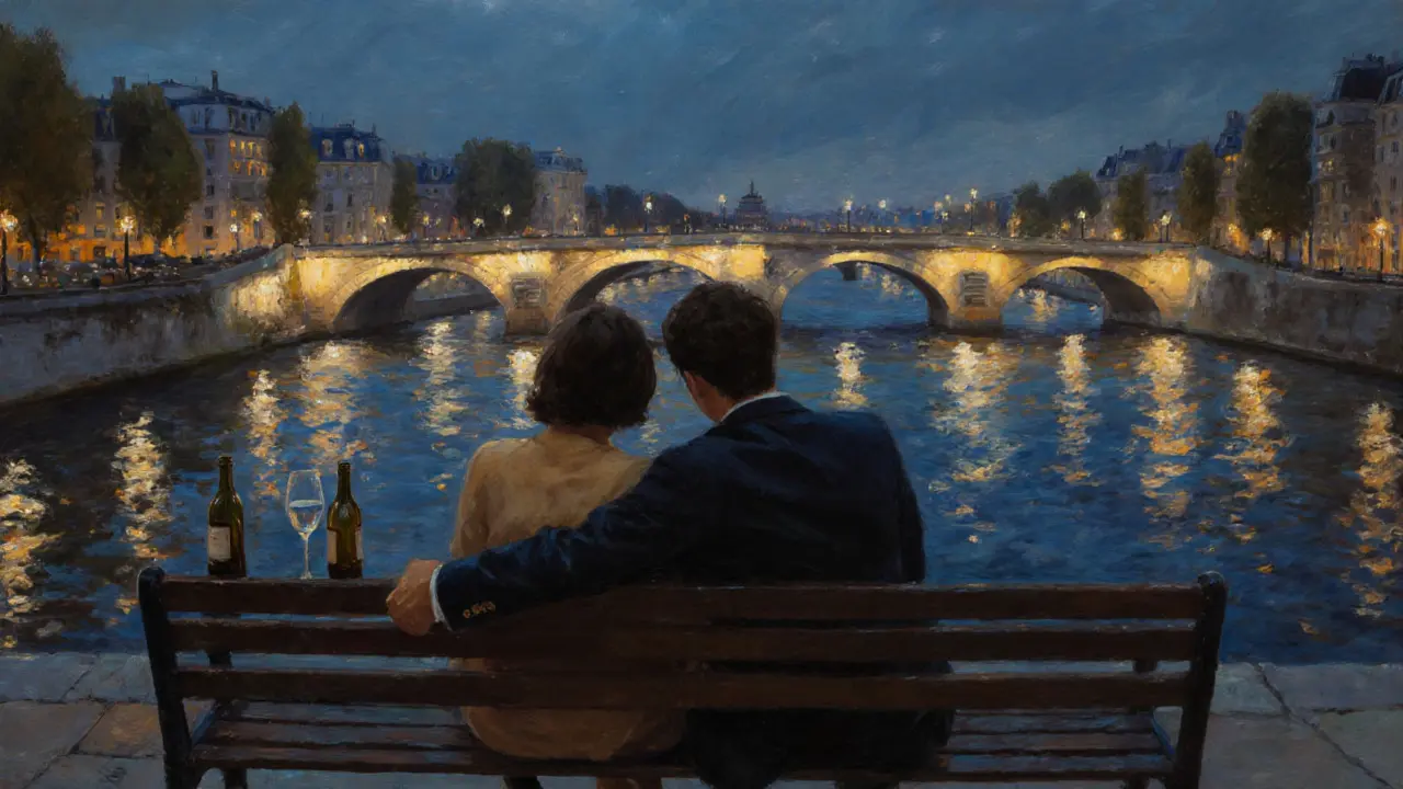 A man and woman sitting silently on a bridge bench at night, lights shimmering on the river below.