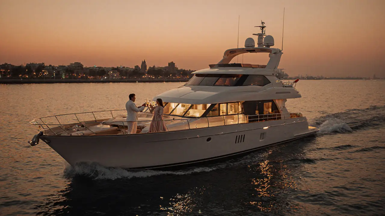 A private yacht at dusk with two elegantly dressed individuals sharing a toast, sea reflecting the sunset.