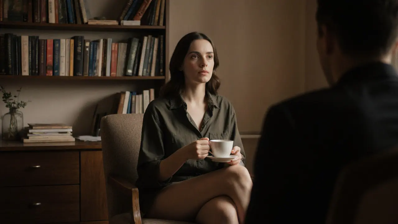 A professional woman in a cozy study, listening attentively, surrounded by books and calm light.