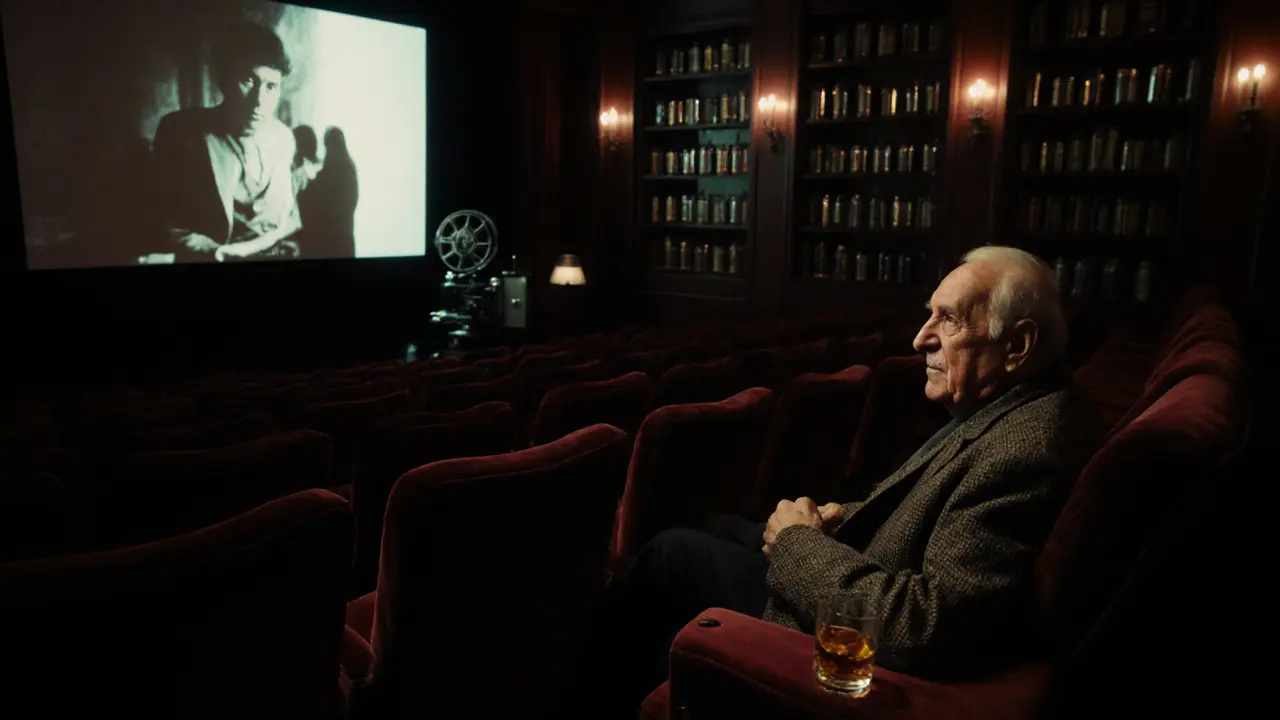 A quiet film enthusiast in a red velvet theater watching a silent film projected in 16mm.