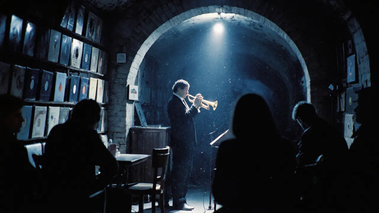 A quiet jazz club under railway arches, with a trumpet player on stage and an attentive silent audience.