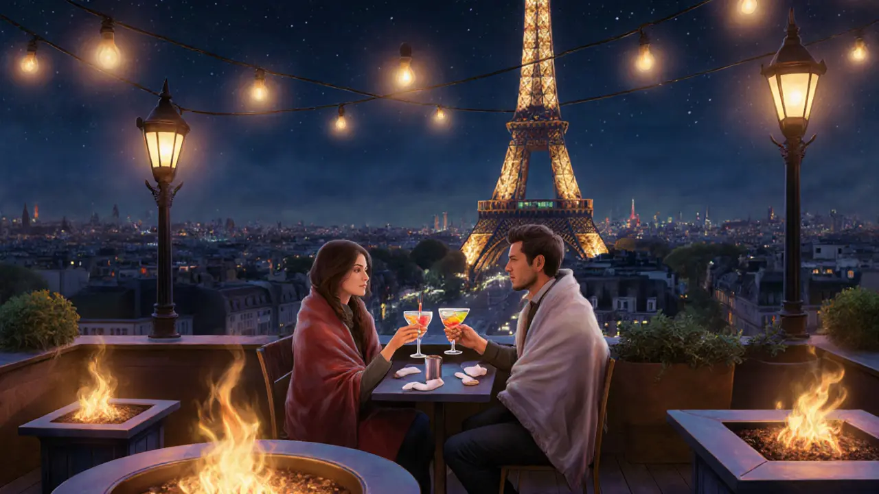 A rooftop terrace at night overlooking the sparkling Eiffel Tower, couples enjoying cocktails under soft lights.