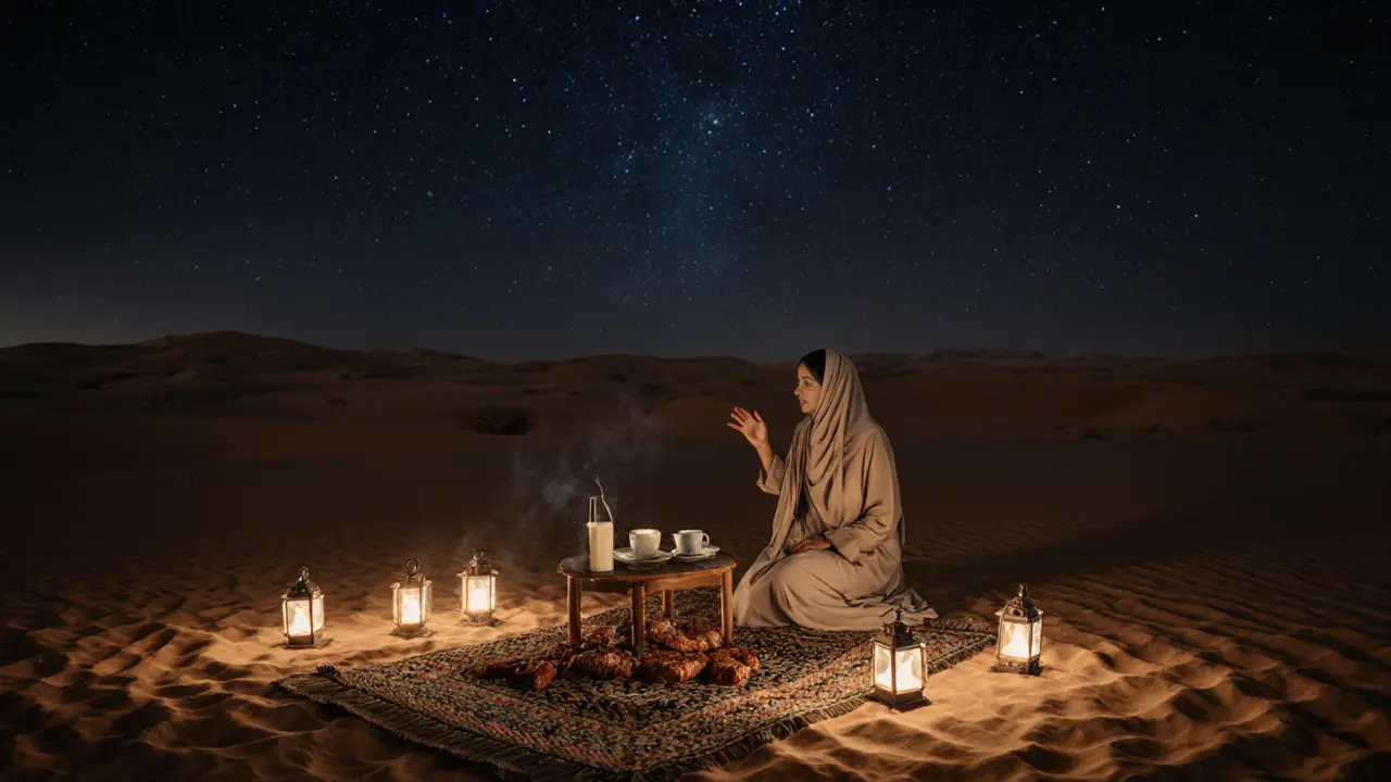 A serene desert camp under stars with lanterns, food, and a woman in traditional attire speaking softly.