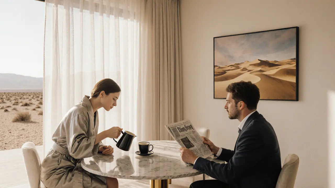 A serene desert villa interior with a client and companion sharing a quiet morning breakfast.