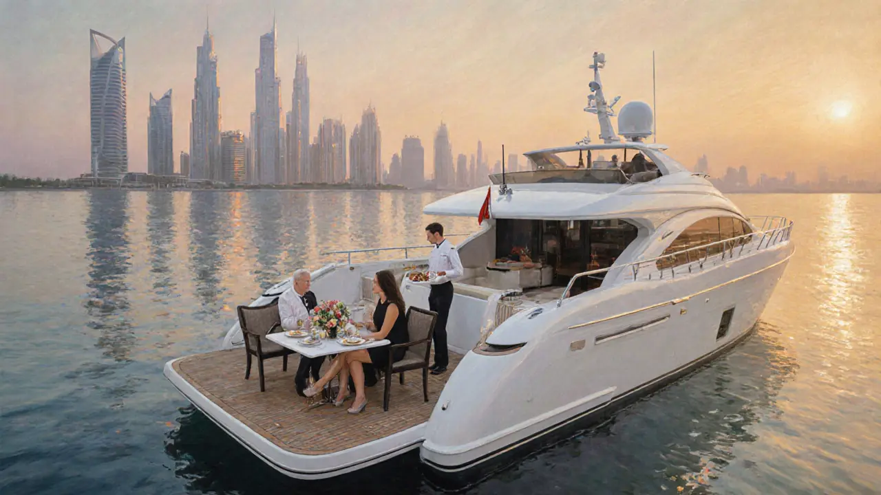 A serene private yacht cruise along The Palm Jumeirah at golden hour.