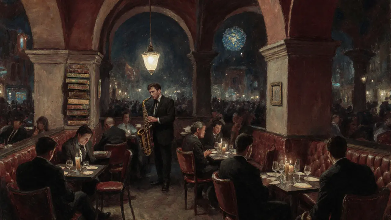 A small jazz club under historic arches, a musician playing saxophone as listeners sit in candlelit silence.