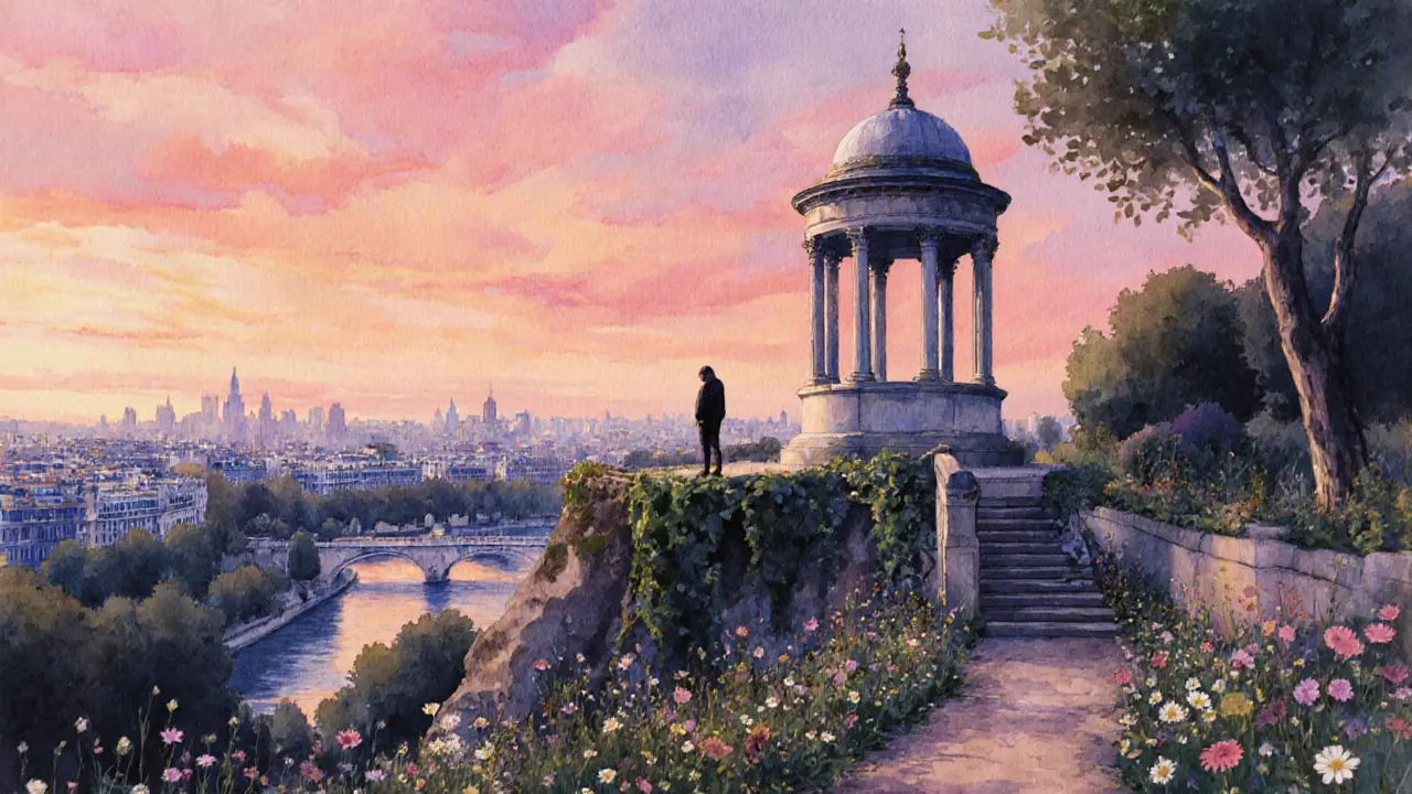 A solitary figure stands beneath a temple on a cliff in Parc des Buttes-Chaumont, watching the sunset over Paris.