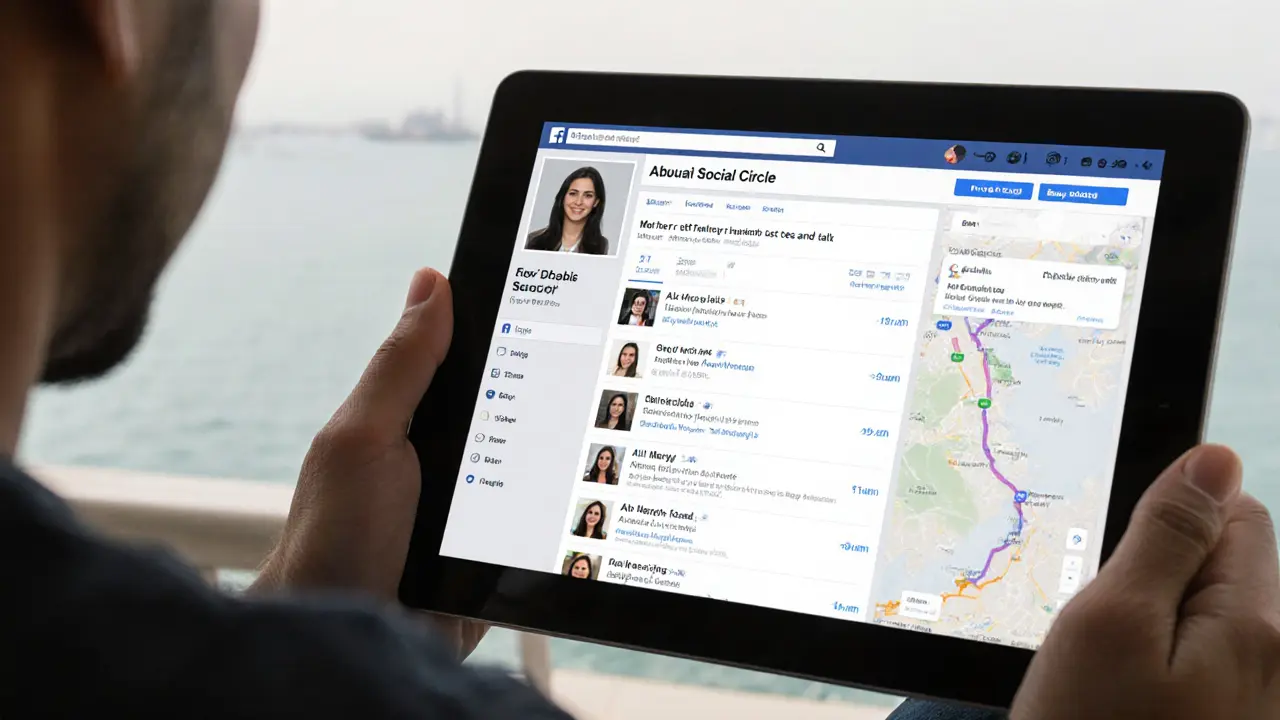 A tablet displaying a private expat forum with verified local references and a trusted message about meeting for tea.