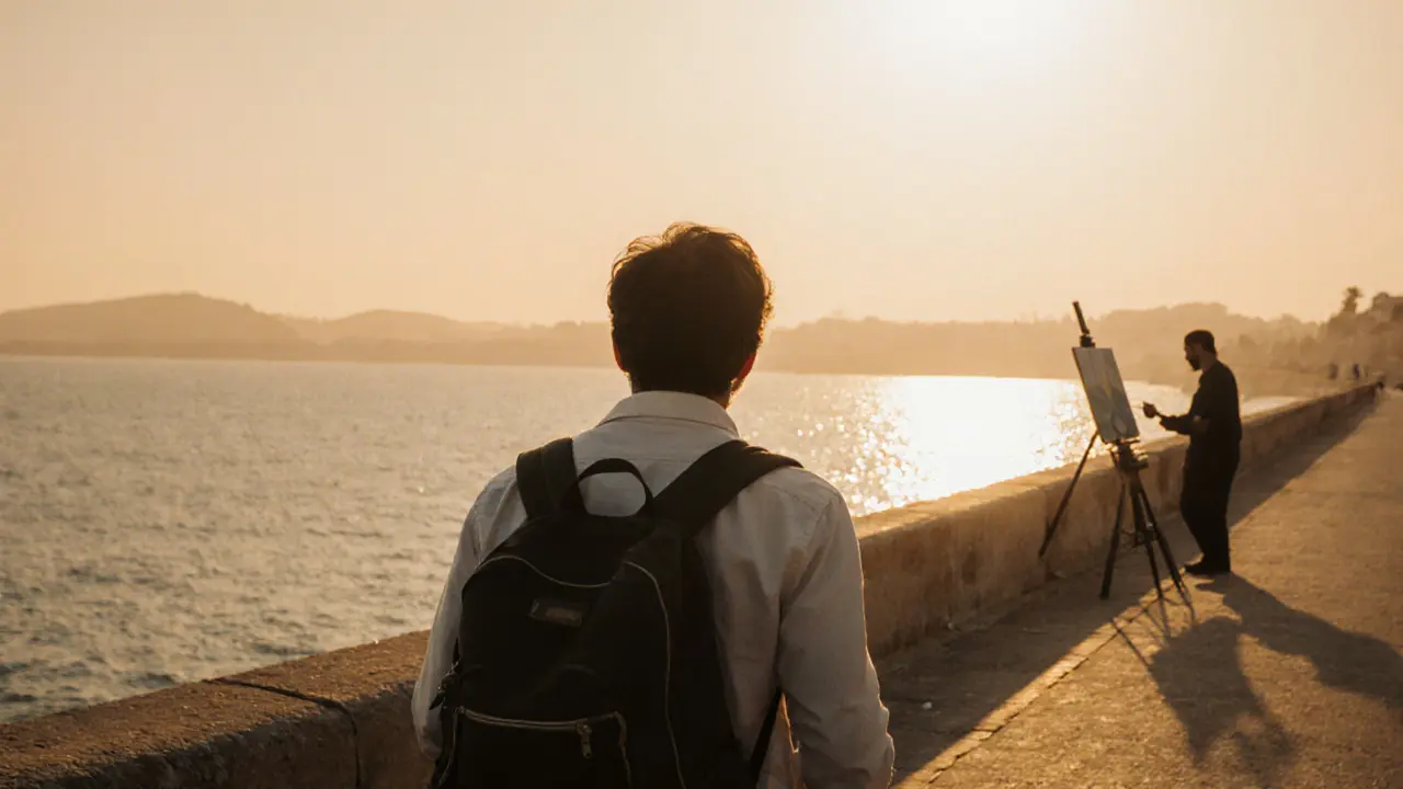 A traveler walking along Abu Dhabi&#039;s Corniche at sunset, observing a local artist painting nearby, serene and reflective moment.