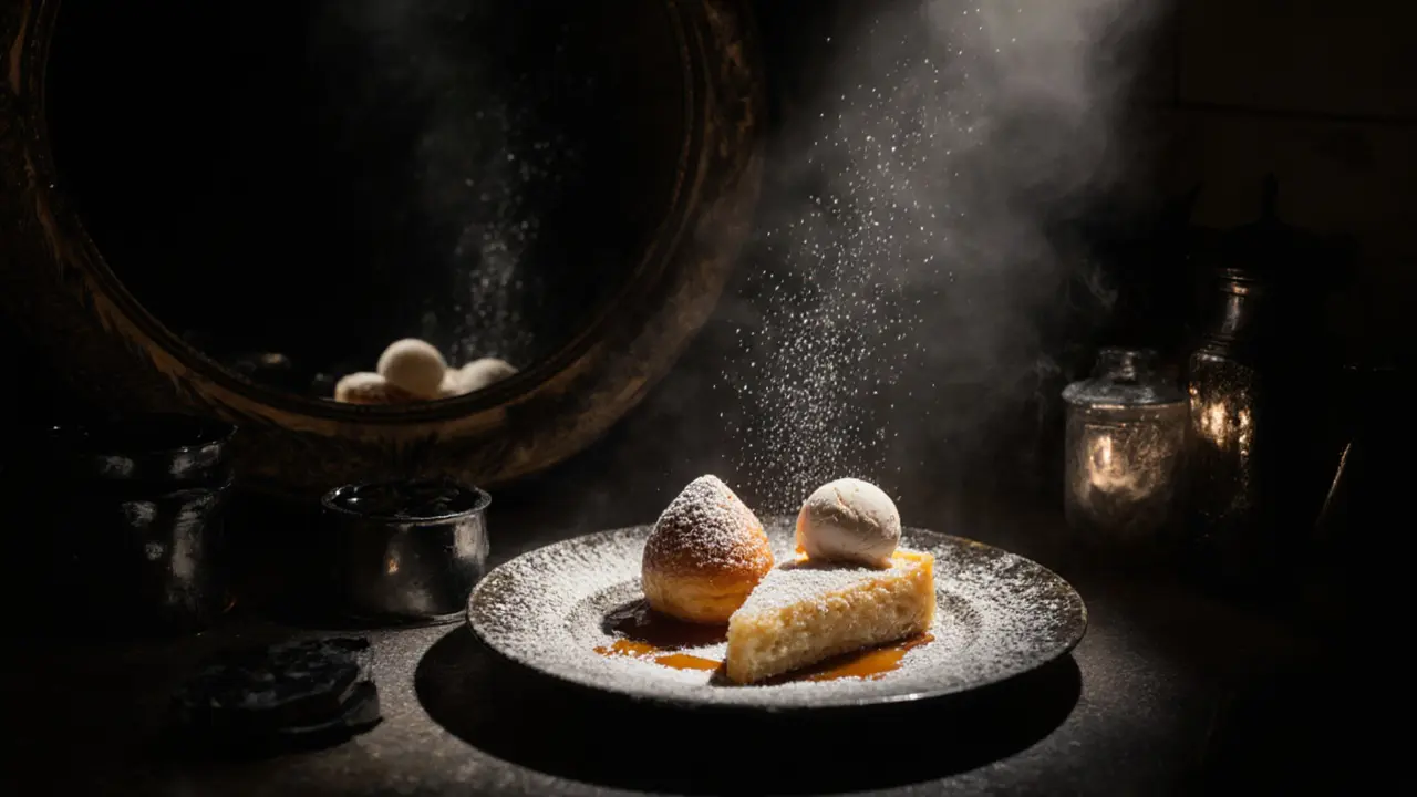 A warm madeleine and French toast with caramel ice cream glow in a dark pastry shop, sugar drifting like snow.