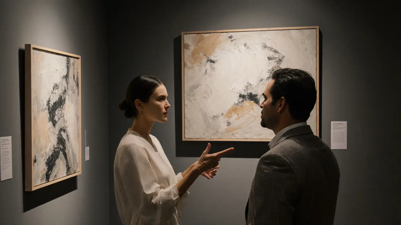 A woman and man discussing art in an exclusive Dubai gallery at dusk.