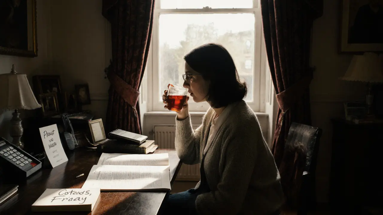 A woman in a cozy study with a book and burner phone, hinting at a hidden profession.