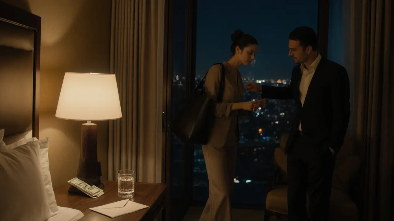 A woman politely gathers her belongings in a hotel room as a man nods respectfully, cash on the table, quiet professionalism evident.