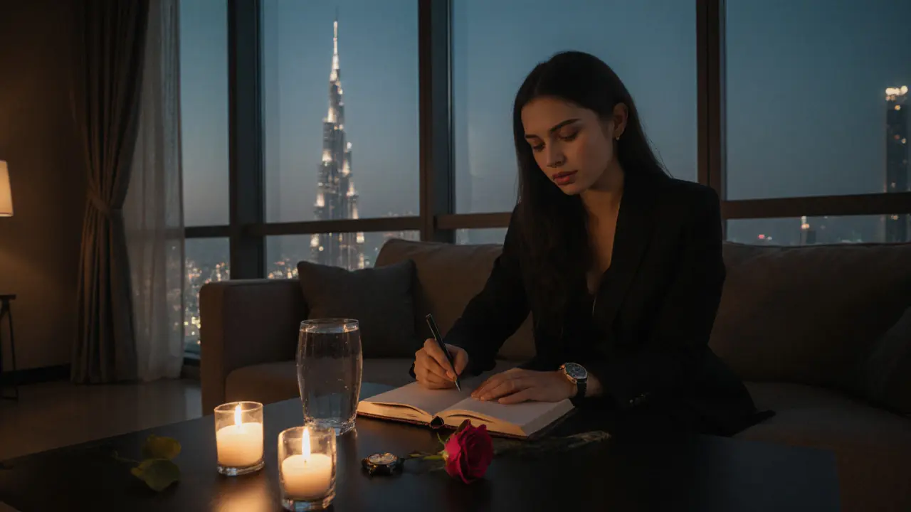 A woman writes in a notebook by candlelight in a minimalist Dubai apartment, no technology in sight.