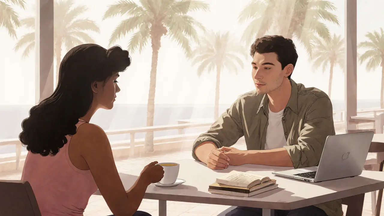 A young man and a woman converse calmly at a seaside café, sunlight highlighting their thoughtful expressions.