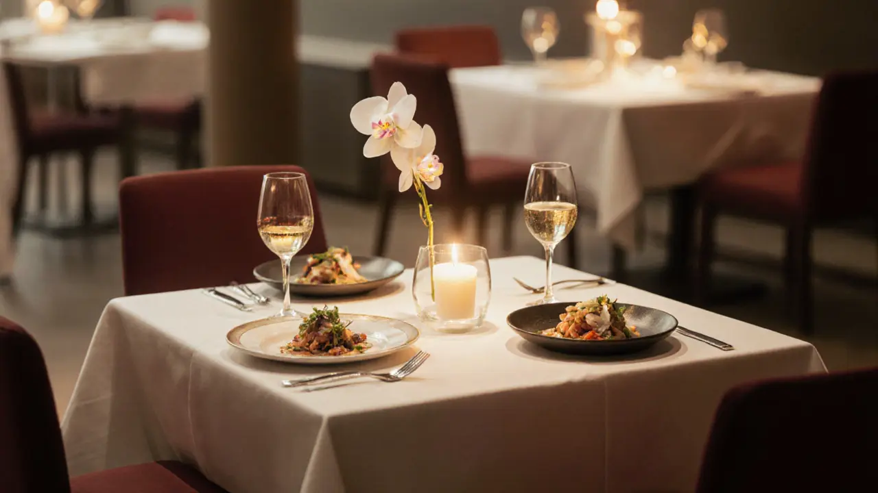 An elegant dinner at Restaurant Tim Raue with fine dining details, soft lighting, and artistic presentation of fusion cuisine.