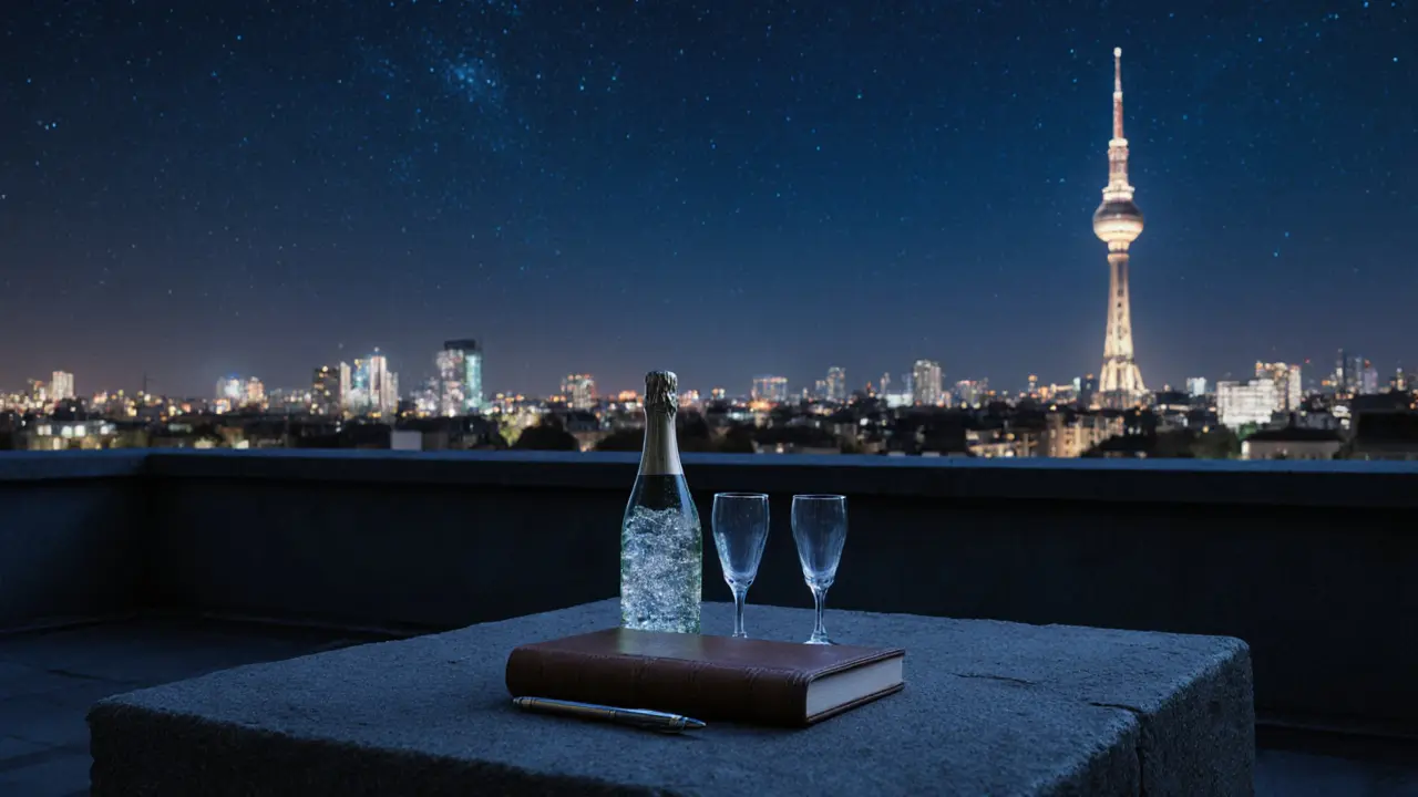 An empty rooftop terrace in Kreuzberg at night with the Berlin TV Tower glowing in the distance and champagne glasses beside a journal.
