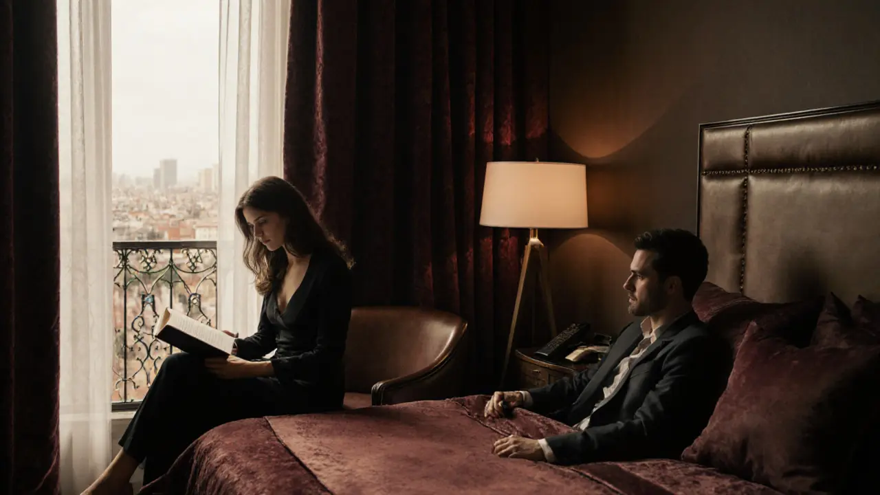 An intimate conversation in a boutique Milan hotel room, two people connected in quiet stillness.