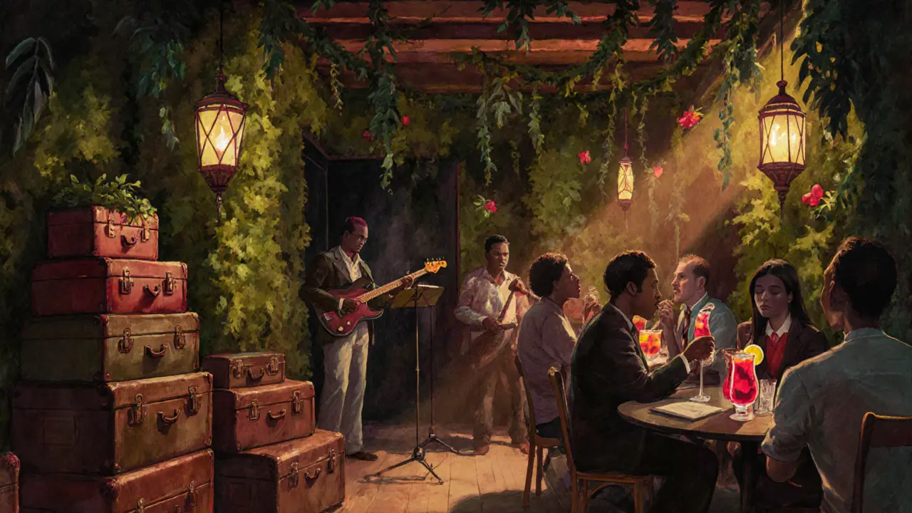 An intimate jungle-themed bar with vintage suitcases, live music, and colorful cocktails in warm dim light.