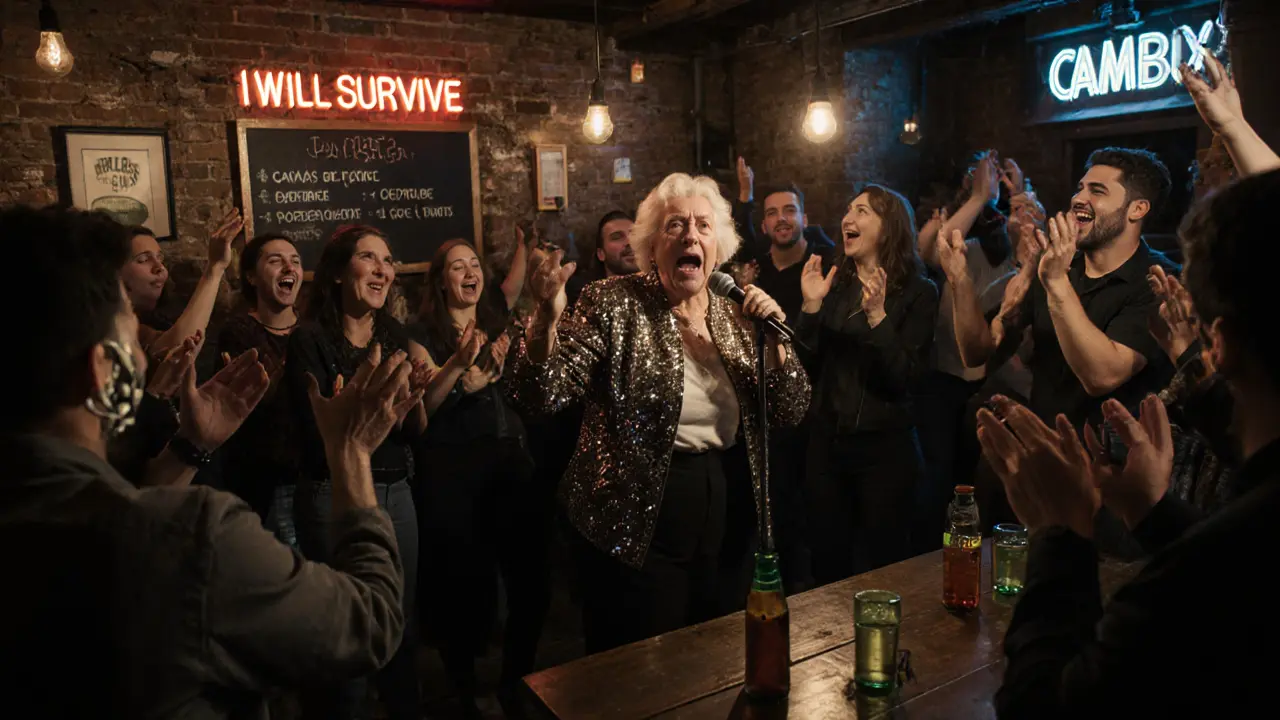 An older woman performing &#039;I Will Survive&#039; to a cheering crowd in a raw, neon-lit Camden karaoke basement.