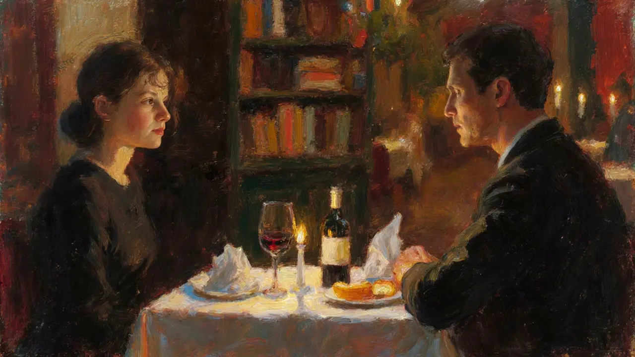 Candlelit dinner in a cozy Parisian bistro with wine and dessert, soft shadows and intimate atmosphere.