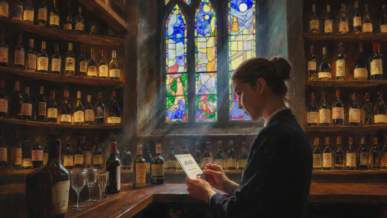 Colorful stained-glass light falls on wine bottles and a customer stamping a wine passport in a chapel-turned-bar.