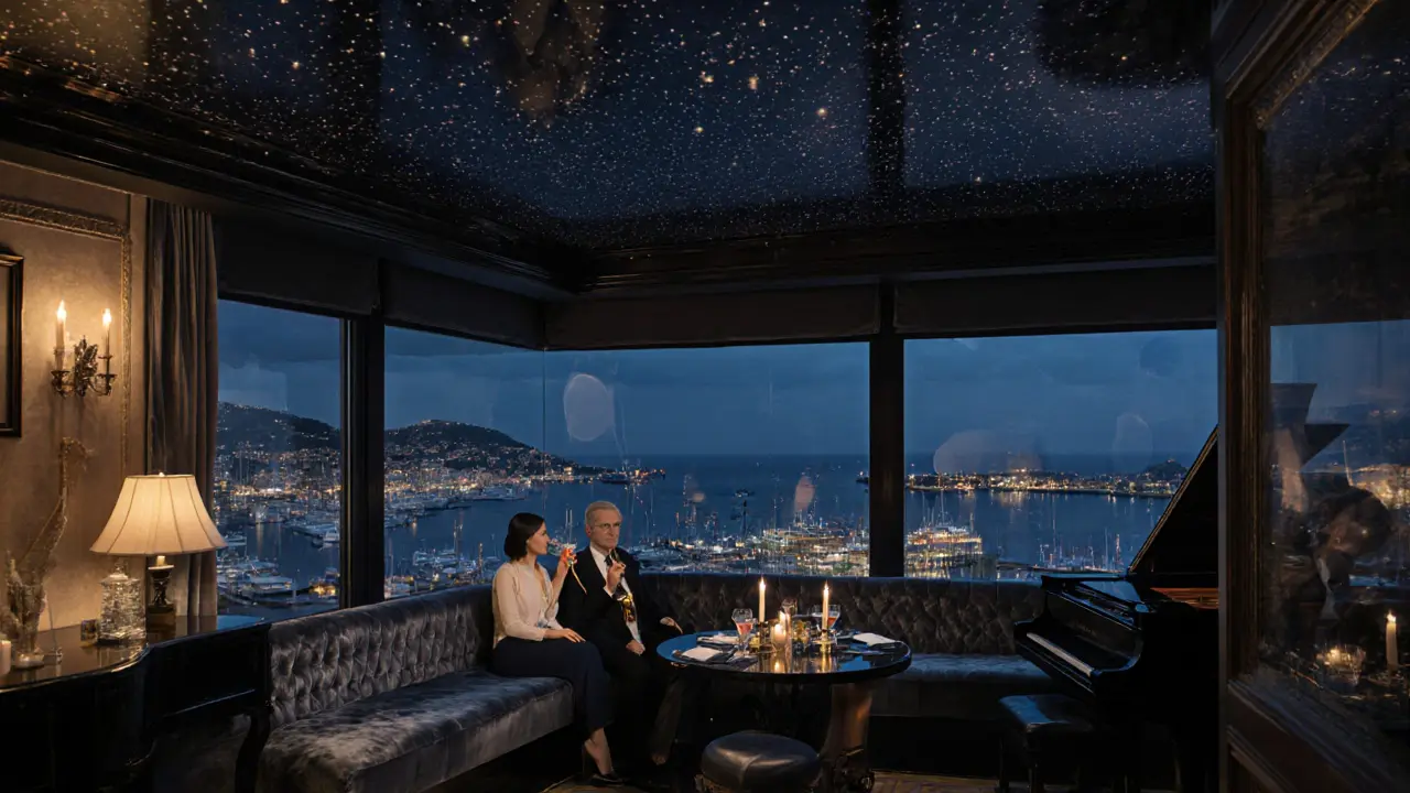 Couple in La Perle Bar under a starry ceiling, harbor lights visible through windows.