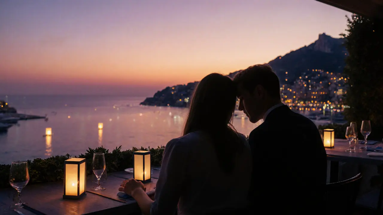 Couple on Blue Bay’s terrace at dusk, harbor lights twinkling below.