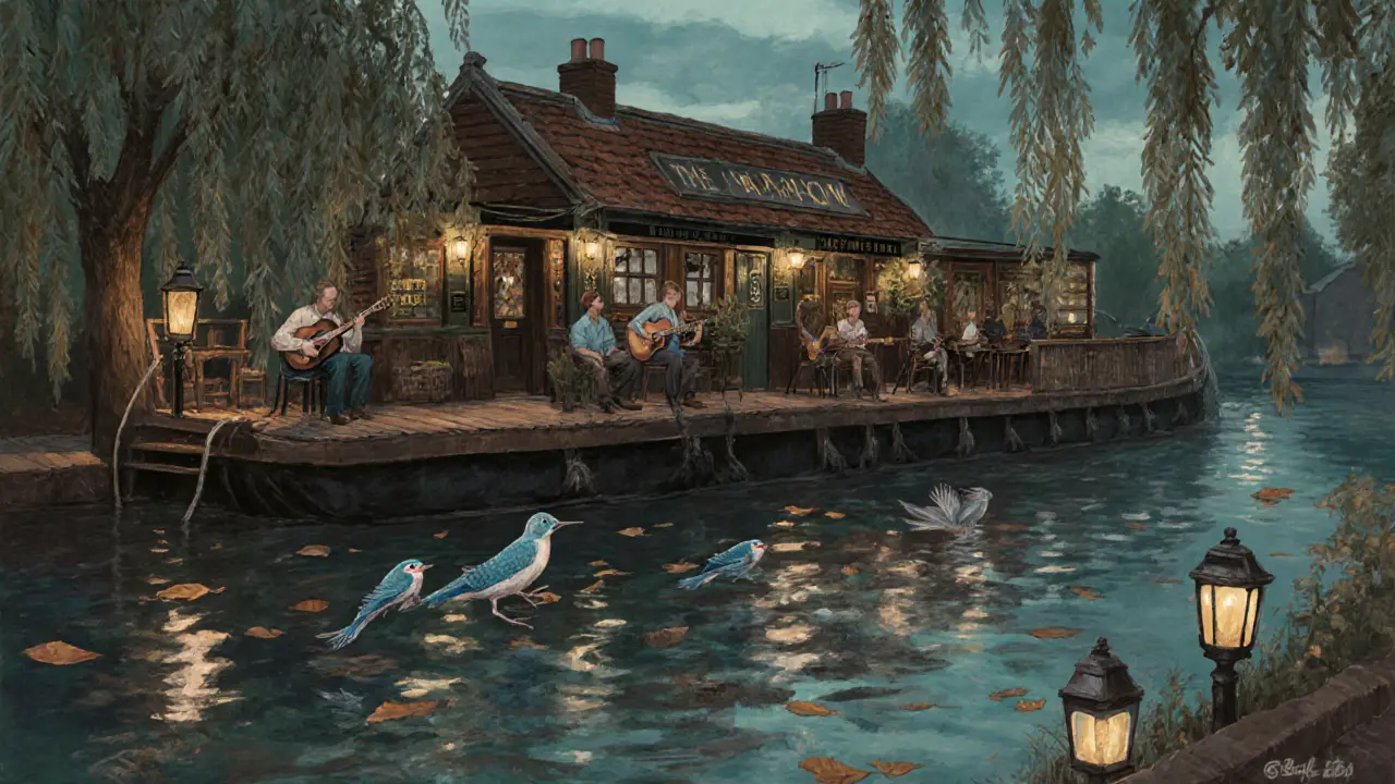 Cozy canal-side pub on still water with kingfishers flying past and willow trees reflecting in the evening light.