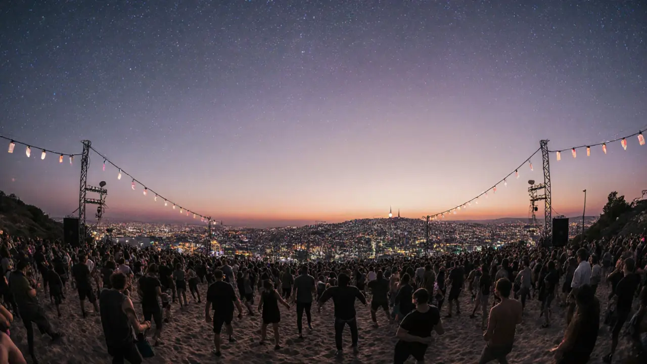 Crowd dancing at Küçük Çamlıca club as sunrise begins over Istanbul&#039;s skyline.