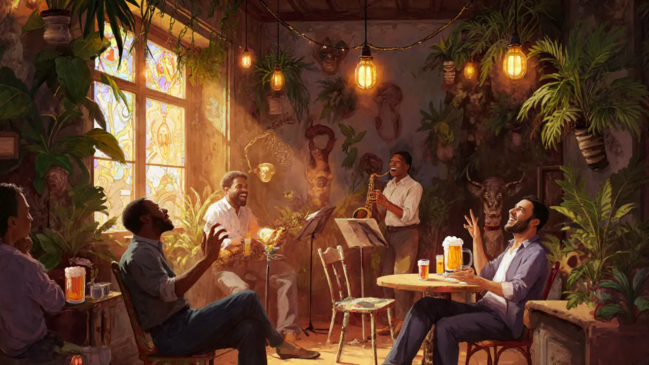 Eclectic Le Comptoir Général bar with plants, vintage decor, and jazz trio playing under string lights.