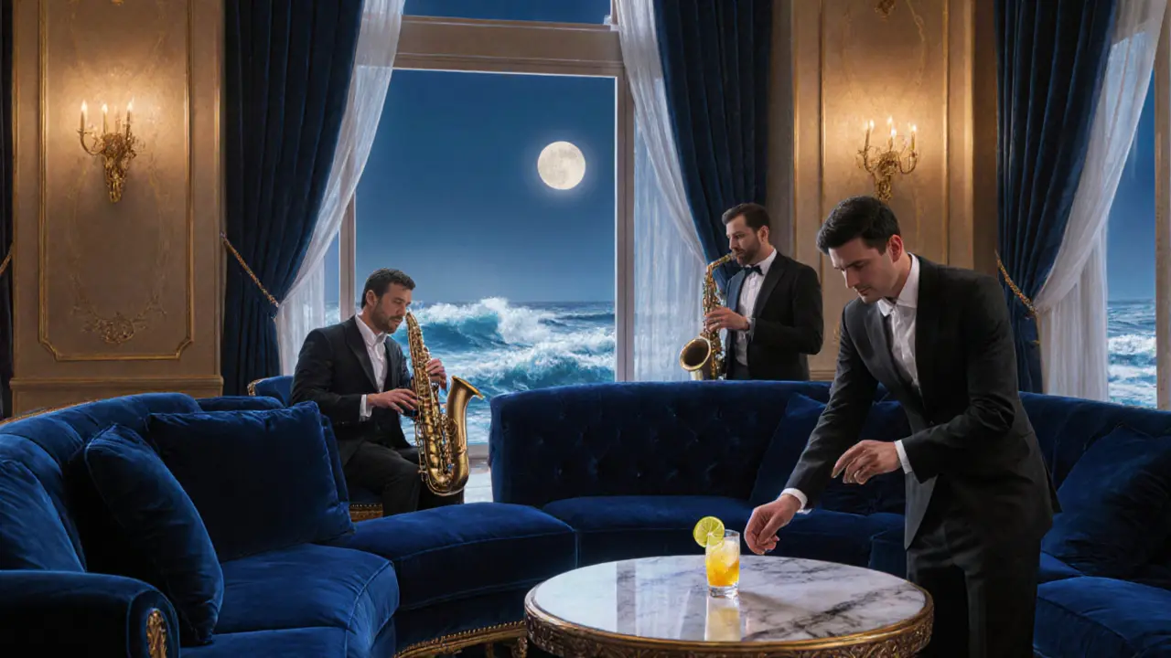 Elegant lounge with velvet sofas, jazz musicians, and ocean views under moonlight.