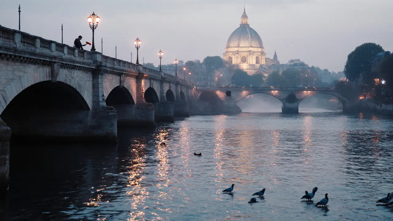 Empty Seine riverside at dawn, streetlights reflecting on water with pigeons nearby.