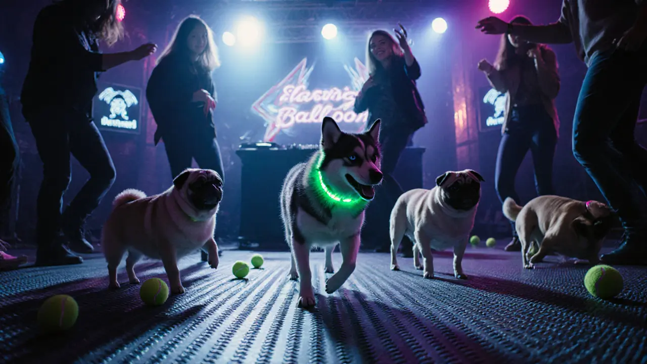 Glow-collared husky dancing on rubber floor at pet-friendly nightclub with pugs and soft lights.
