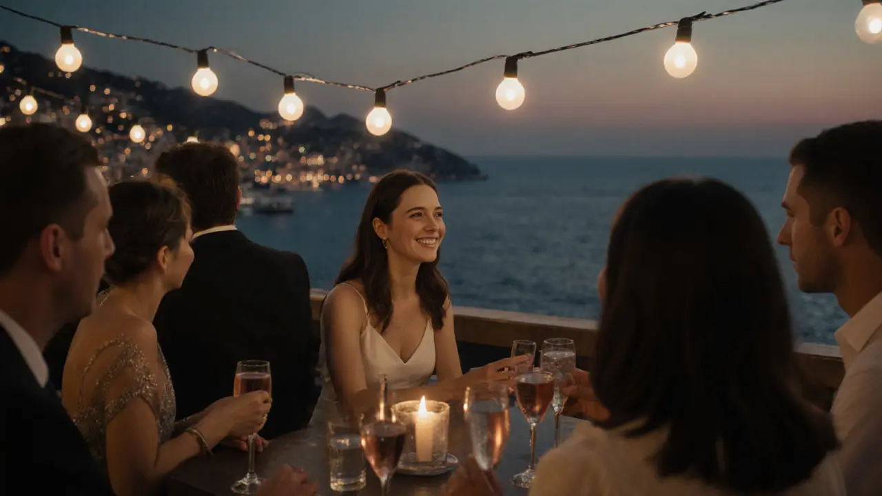 Guests enjoying quiet drinks on a luxury hotel rooftop, overlooking Monaco’s glittering coastline at night.