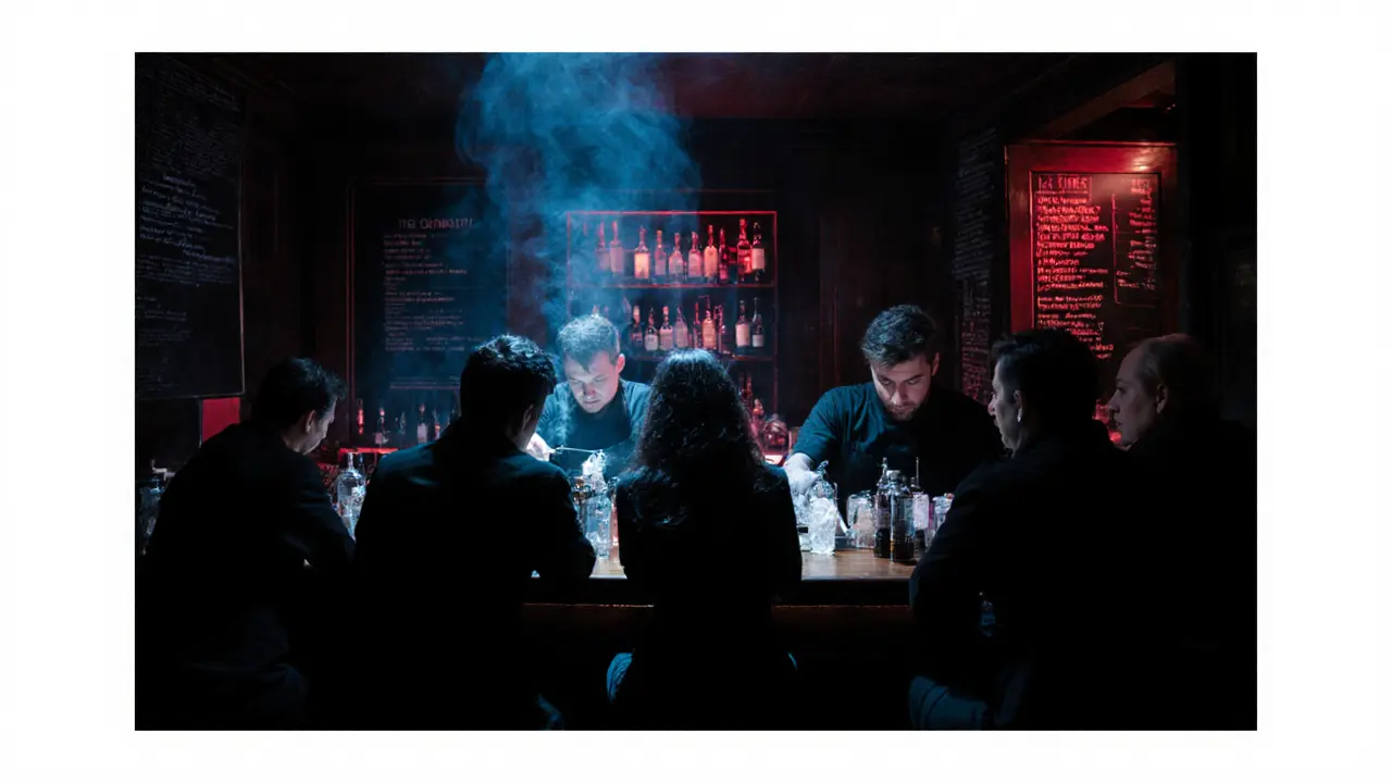 Hidden bar interior with bartenders crafting drinks under dim, moody lighting.